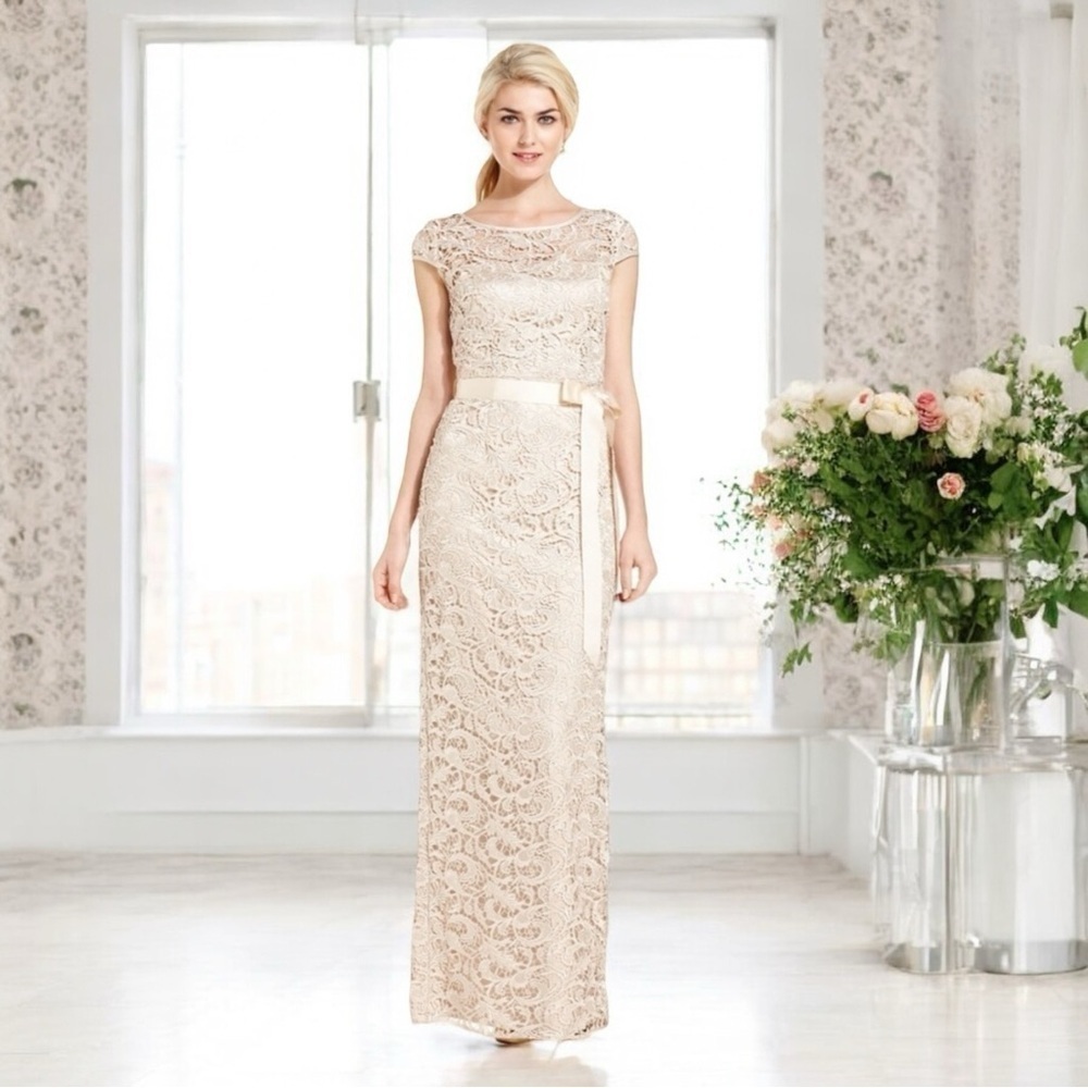 Anthropologie Adrianna Papell 16 Cap Sleeve Long Lace Champagne Wedding Gown